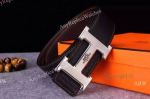 Copy Hermes Black Leather Belt with Solid Steel 'H' buckle - on Sale